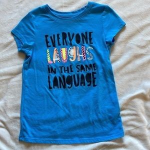Cat and Jack. Everyone laughs the same language. Blue tee size 5t